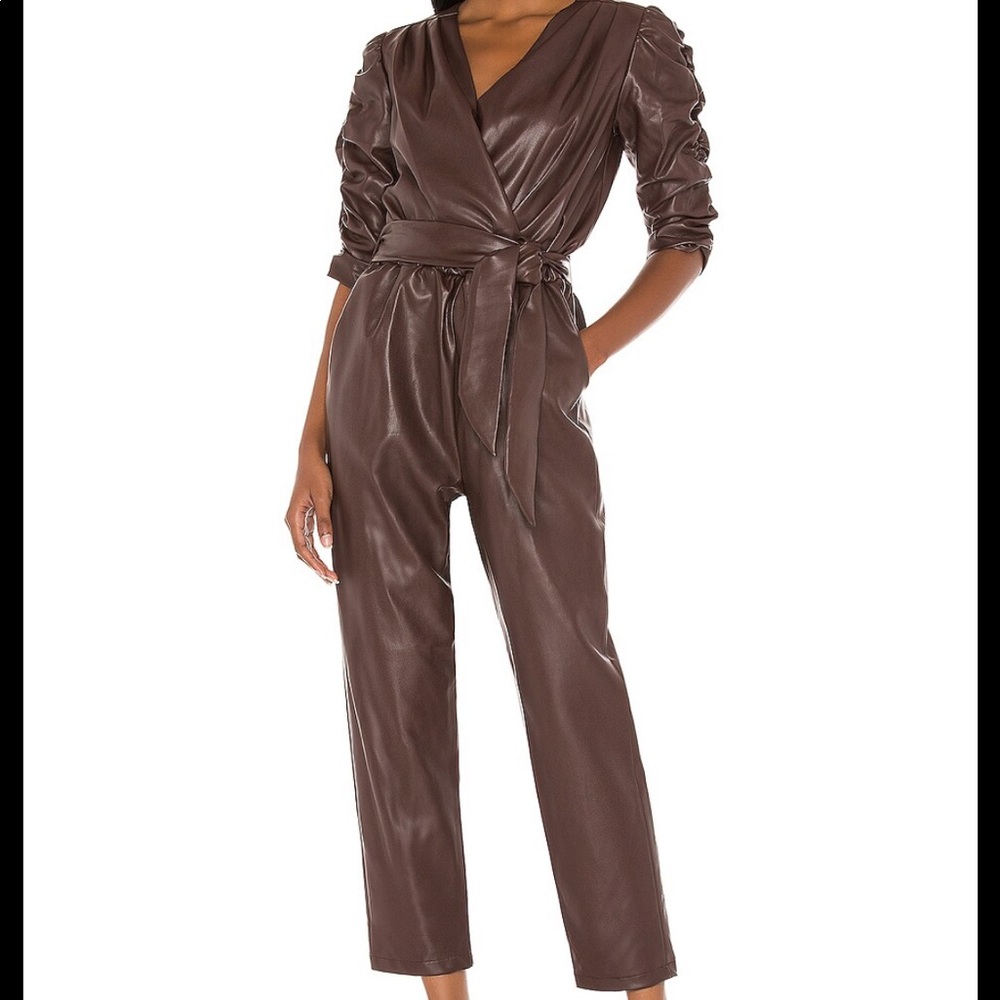 Amanda Uprichard Annika Leather Jumpsuit in Chocolate